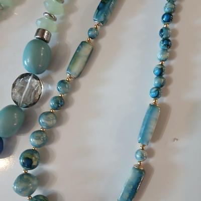 Floral silk scarf with two vintage blue beaded necklaces - pretty!