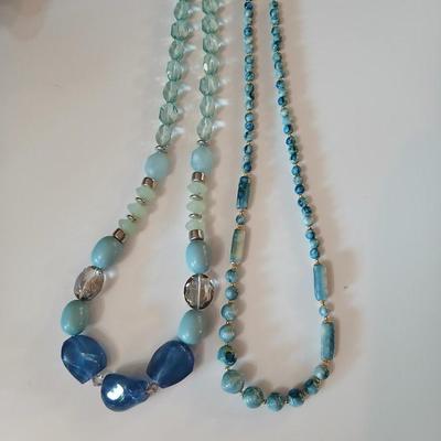 Floral silk scarf with two vintage blue beaded necklaces - pretty!