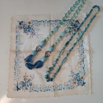 Floral silk scarf with two vintage blue beaded necklaces - pretty!