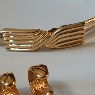 Gold toned Jewlery - bracelet - belt - earrings - necklace - in a rose topped tin - Monet - Avon - and more