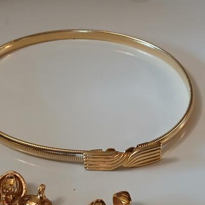 Gold toned Jewlery - bracelet - belt - earrings - necklace - in a rose topped tin - Monet - Avon - and more