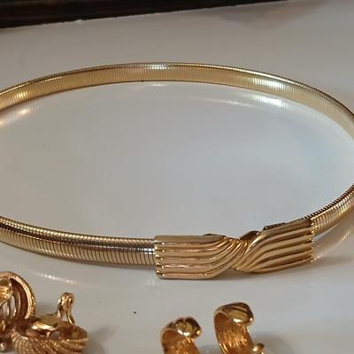 Gold toned Jewlery - bracelet - belt - earrings - necklace - in a rose topped tin - Monet - Avon - and more