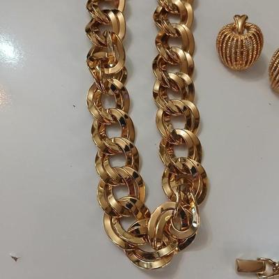 Gold toned Jewlery - bracelet - belt - earrings - necklace - in a rose topped tin - Monet - Avon - and more