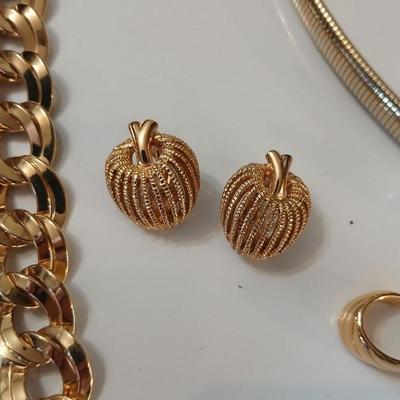 Gold toned Jewlery - bracelet - belt - earrings - necklace - in a rose topped tin - Monet - Avon - and more