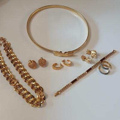 Gold toned Jewlery - bracelet - belt - earrings - necklace - in a rose topped tin - Monet - Avon - and more