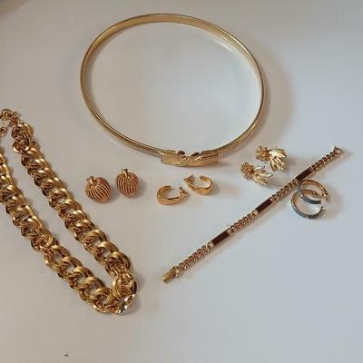 Gold toned Jewlery - bracelet - belt - earrings - necklace - in a rose topped tin - Monet - Avon - and more