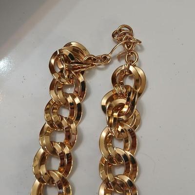 Gold toned Jewlery - bracelet - belt - earrings - necklace - in a rose topped tin - Monet - Avon - and more