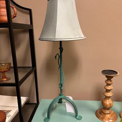 Sale Photo Thumbnail #167: Pair of Teal Metal Table Lamp with decorative vine and leaf accents on the stem and a matching light colored drum shade.
Measures 29" tall