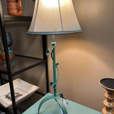 Sale Photo Thumbnail #164: Pair of Teal Metal Table Lamp with decorative vine and leaf accents on the stem and a matching light colored drum shade.
Measures 29" tall
