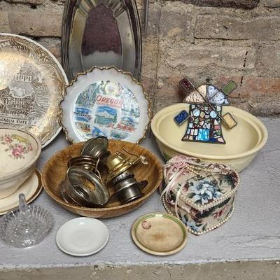 Sale Photo Thumbnail #279: Lamp parts, trays, bowls, souvenir plates and a wee little wind chime.