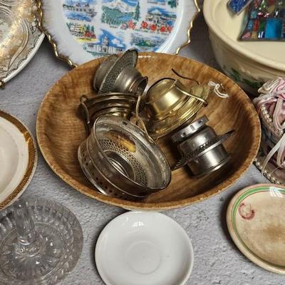 Sale Photo Thumbnail #281: Lamp parts, trays, bowls, souvenir plates and a wee little wind chime.
