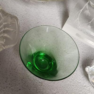 Sale Photo Thumbnail #288: Misc vintage glass...the green glows but has a chip. A random pewter tray that I missed from the same consignor.