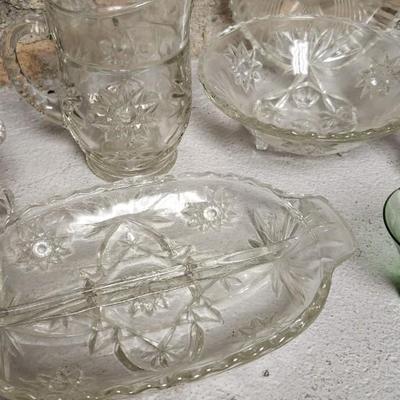 Sale Photo Thumbnail #287: Misc vintage glass...the green glows but has a chip. A random pewter tray that I missed from the same consignor.
