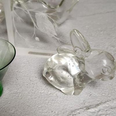Sale Photo Thumbnail #289: Misc vintage glass...the green glows but has a chip. A random pewter tray that I missed from the same consignor.