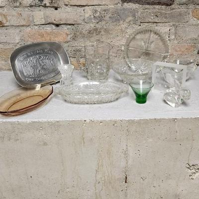 Sale Photo Thumbnail #284: Misc vintage glass...the green glows but has a chip. A random pewter tray that I missed from the same consignor.