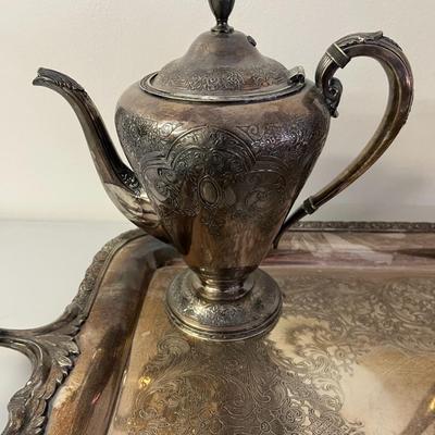 Sale Photo Thumbnail #187: Vintage Wilcox Silver Plate Paisley Pattern Tea Set featuring the Paisley Pattern design characterized by ornamental paisley figures and often embellished with leafy swags and floral motifs.  This ornate set was produced around the 1930's .  This set incl