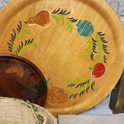 Sale Photo Thumbnail #314: A whole bunch of stuff out of a kitchen. Waffle maker in the box, large painted tray, cool vintage carving set inbthe box.