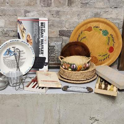 Sale Photo Thumbnail #308: A whole bunch of stuff out of a kitchen. Waffle maker in the box, large painted tray, cool vintage carving set inbthe box.