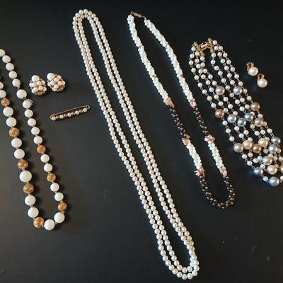 Faux pearl necklaces - brooch - earrings- and a beautiful, beaded necklace