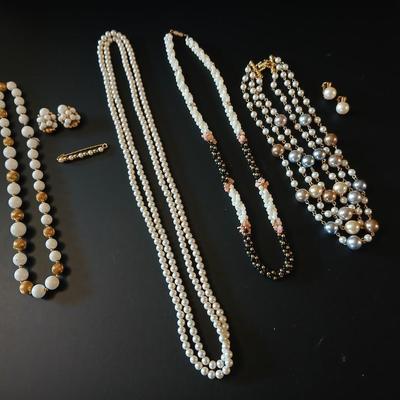 Faux pearl necklaces - brooch - earrings- and a beautiful, beaded necklace