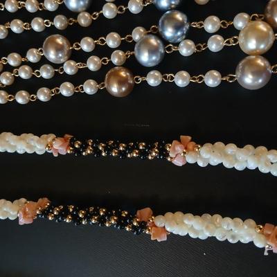 Faux pearl necklaces - brooch - earrings- and a beautiful, beaded necklace