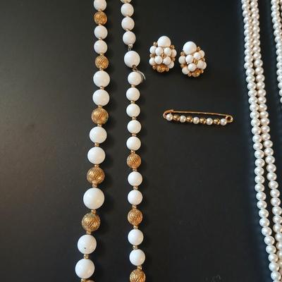 Faux pearl necklaces - brooch - earrings- and a beautiful, beaded necklace