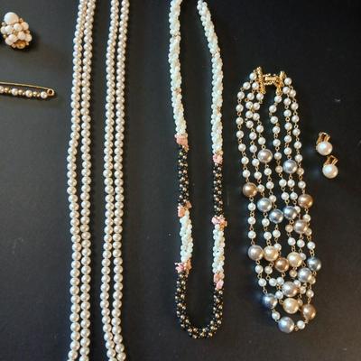 Faux pearl necklaces - brooch - earrings- and a beautiful, beaded necklace