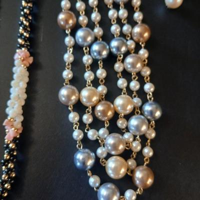 Faux pearl necklaces - brooch - earrings- and a beautiful, beaded necklace