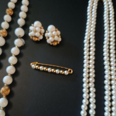 Faux pearl necklaces - brooch - earrings- and a beautiful, beaded necklace