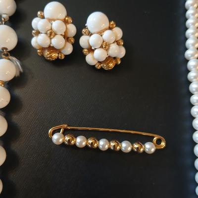 Faux pearl necklaces - brooch - earrings- and a beautiful, beaded necklace