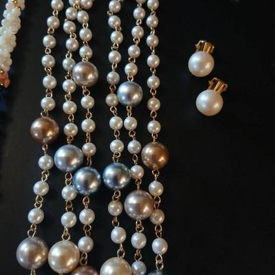 Faux pearl necklaces - brooch - earrings- and a beautiful, beaded necklace