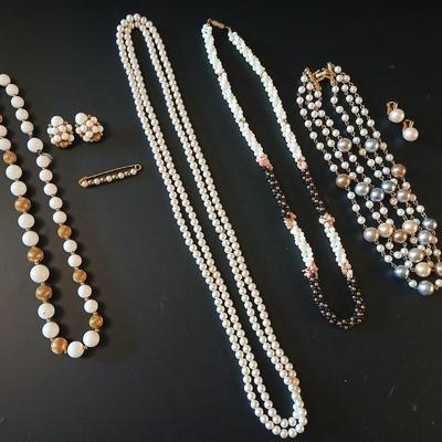 Faux pearl necklaces - brooch - earrings- and a beautiful, beaded necklace