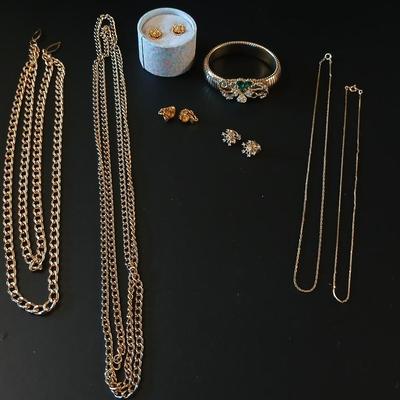 Gold toned Jewelry - chains - ring - earrings - rhinestone