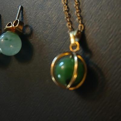 Gold toned jewelry with stones - necklace - and earrings with two additional gold toned chains