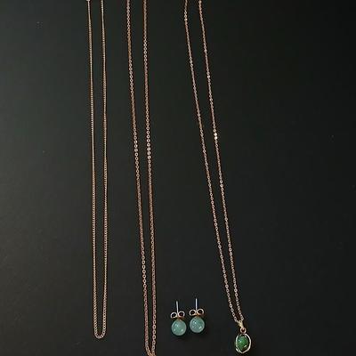 Gold toned jewelry with stones - necklace - and earrings with two additional gold toned chains