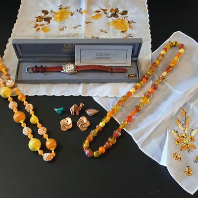 Vintage jewlery - beaded necklace - glass beaded necklace - Wood camel pin- Geneva watch and more
