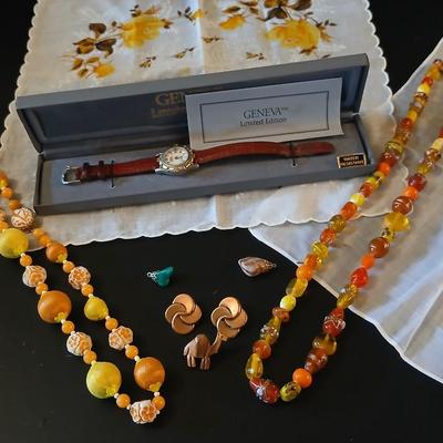 Vintage jewlery - beaded necklace - glass beaded necklace - Wood camel pin- Geneva watch and more
