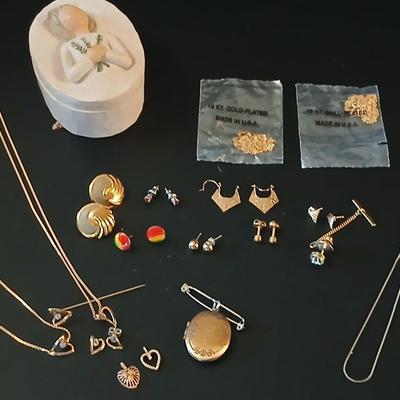Gold toned delicate Jewelry - heart pendants - 18 KT GF necklaces - earrings - locket - Willow tree box and more