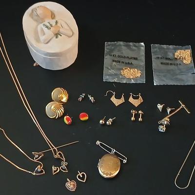 Gold toned delicate Jewelry - heart pendants - 18 KT GF necklaces - earrings - locket - Willow tree box and more