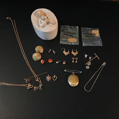 Gold toned delicate Jewelry - heart pendants - 18 KT GF necklaces - earrings - locket - Willow tree box and more