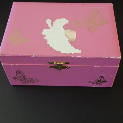 Vintage musical Jewelry box with miss matched Jewlery some watches and an assortment of pins
