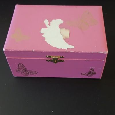 Vintage musical Jewelry box with miss matched Jewlery some watches and an assortment of pins