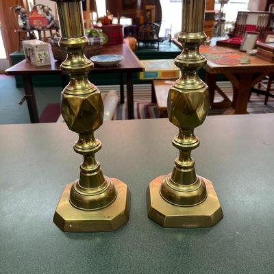 Sale Photo Thumbnail #234: The King of Diamonds Jubilee Brass Candlestick Holders.  Has and Ejector Mechanism to pus out the candle
Measures 12" tall  4.5" Base