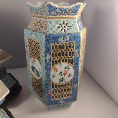 Pair of Antique Ceramic Chinese Wedding Lamps- Circa 1920's- Pierced Design with Wooden Bases