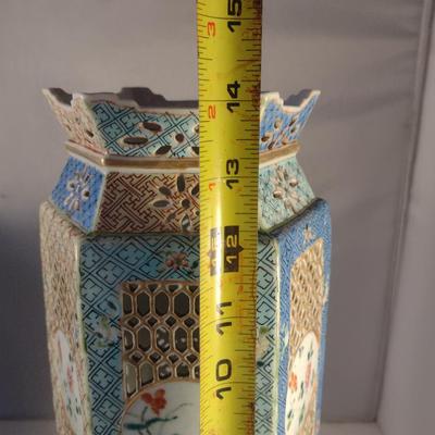 Pair of Antique Ceramic Chinese Wedding Lamps- Circa 1920's- Pierced Design with Wooden Bases