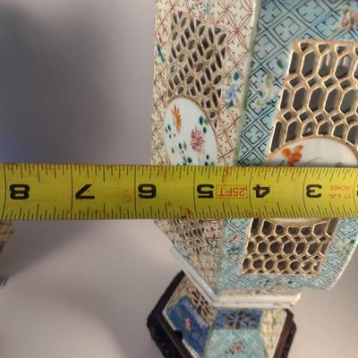 Pair of Antique Ceramic Chinese Wedding Lamps- Circa 1920's- Pierced Design with Wooden Bases