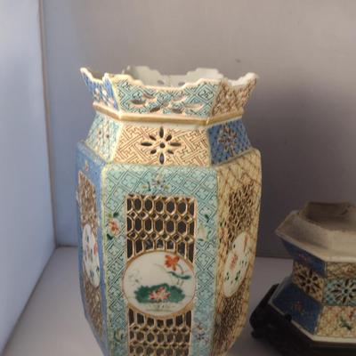 Pair of Antique Ceramic Chinese Wedding Lamps- Circa 1920's- Pierced Design with Wooden Bases