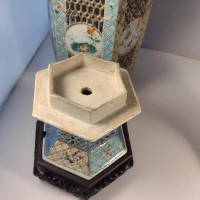 Pair of Antique Ceramic Chinese Wedding Lamps- Circa 1920's- Pierced Design with Wooden Bases