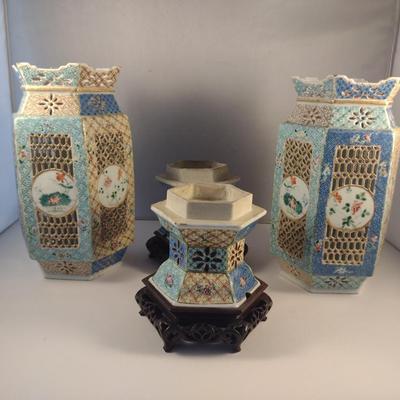 Pair of Antique Ceramic Chinese Wedding Lamps- Circa 1920's- Pierced Design with Wooden Bases
