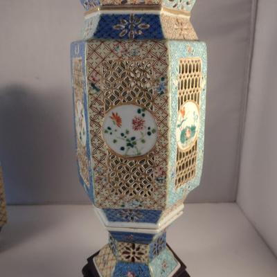 Pair of Antique Ceramic Chinese Wedding Lamps- Circa 1920's- Pierced Design with Wooden Bases